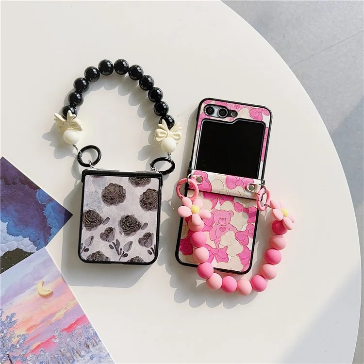 For Samsung Galaxy Z Flip5 5G Case Hinge Design Lacquered Pattern PU Leather+PC Phone Cover with Bead Chain - Pink Bow