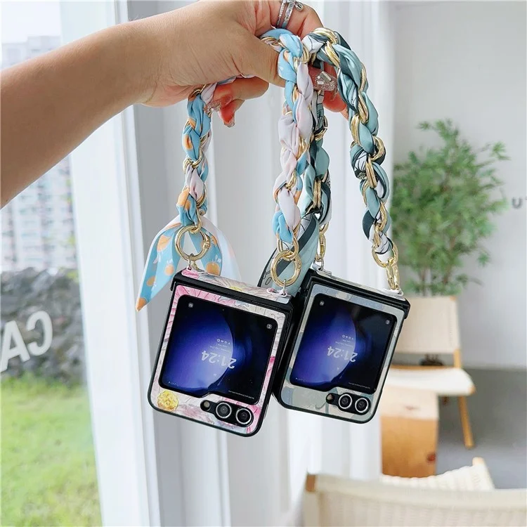 Pour Samsung Galaxy Z Flip5 5G Wholesale Case PU Cuir+PC Coque de Téléphone avec Chaîne d'Écharpe en Soie Motif Laqué Conception - Tulipe