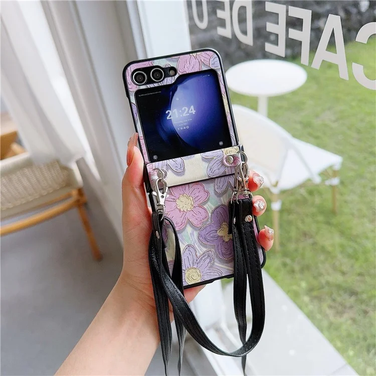 For Samsung Galaxy Z Flip5 5G Case Flower Lacquered PU Leather+PC Phone Cover with 2 Straps - Purple Flower