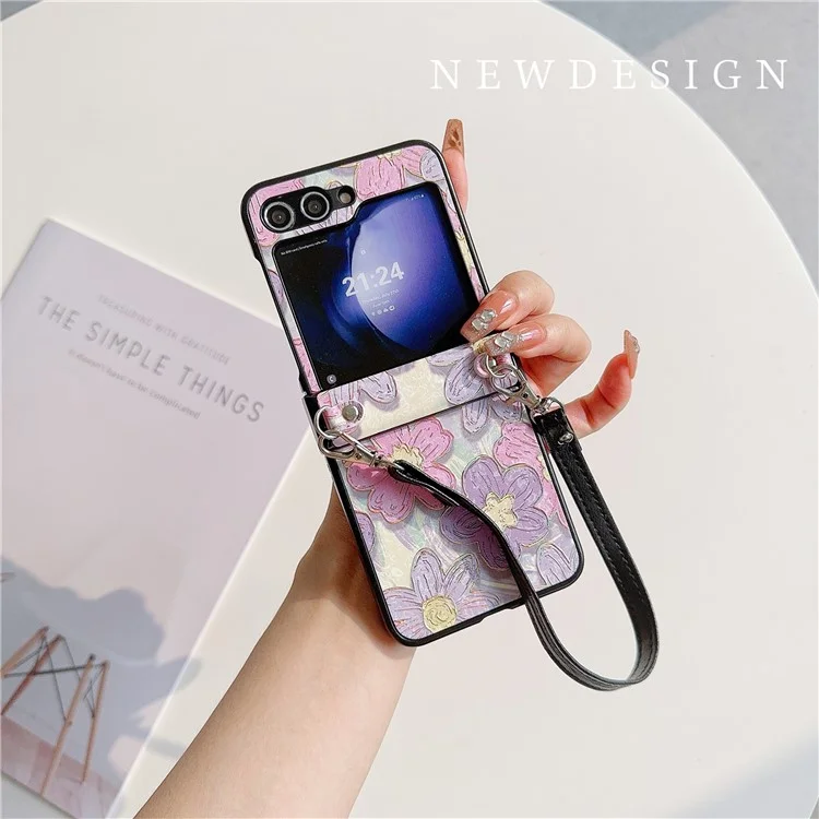 For Samsung Galaxy Z Flip5 5G Case Flower Lacquered PU Leather+PC Phone Cover with 2 Straps - Purple Flower