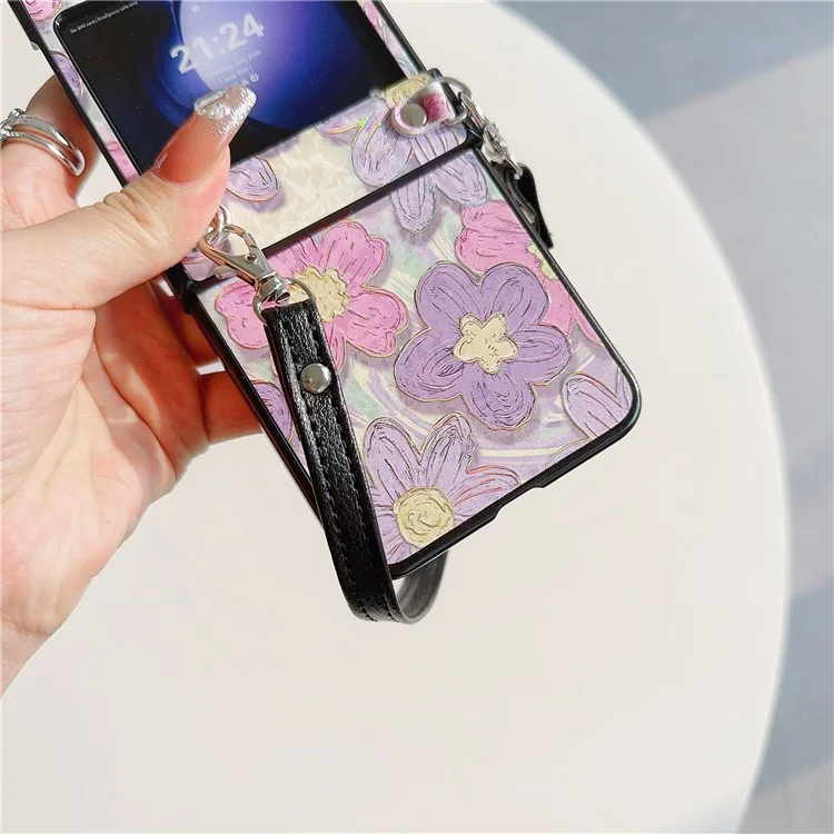For Samsung Galaxy Z Flip5 5G Case Flower Lacquered PU Leather+PC Phone Cover with 2 Straps - Purple Flower