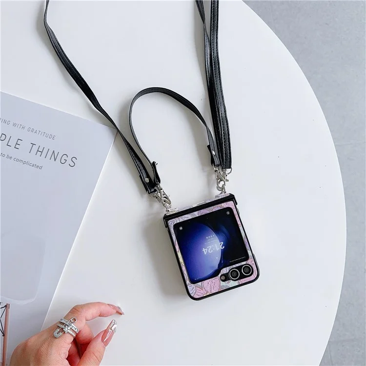 For Samsung Galaxy Z Flip5 5G Case Flower Lacquered PU Leather+PC Phone Cover with 2 Straps - Purple Flower