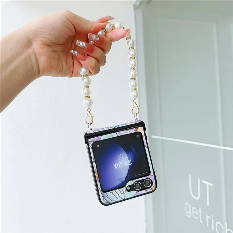 For Samsung Galaxy Z Flip5 5G Hinge Design Lacquered Flower Pattern PU Leather+PC Case with Pearl Chain - Purple Flower