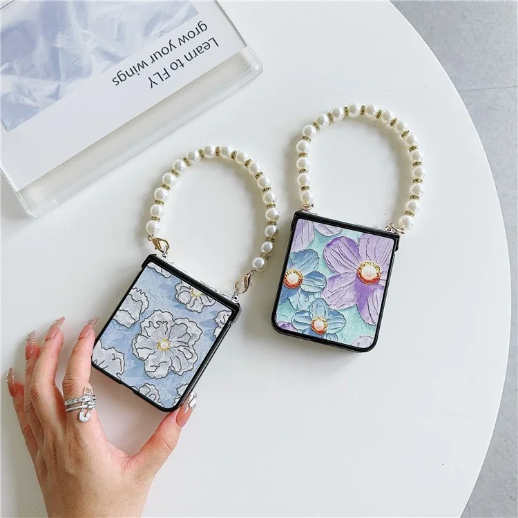 For Samsung Galaxy Z Flip5 5G Hinge Design Lacquered Flower Pattern PU Leather+PC Case with Pearl Chain - Purple Flower