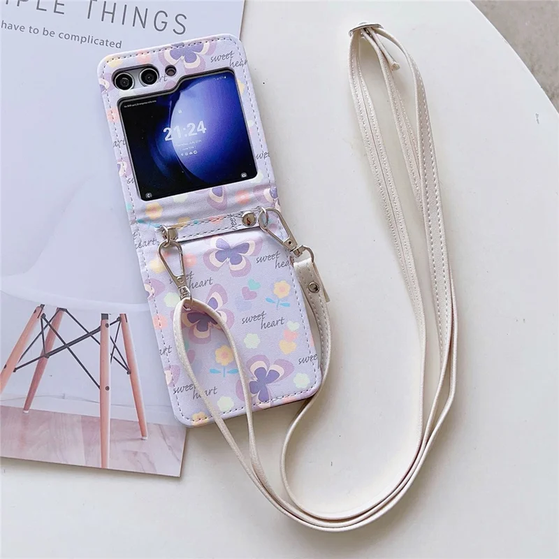 For Samsung Galaxy Z Flip5 5G Folding Phone Case Butterfly Pattern Leather+PC Cover with Crossbody Strap - Purple