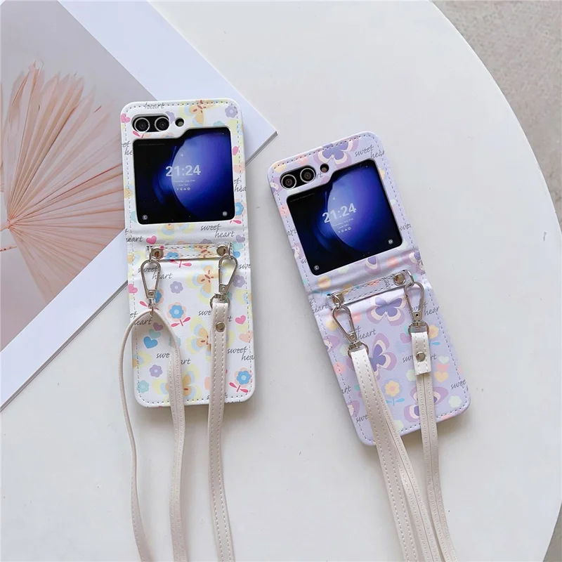 For Samsung Galaxy Z Flip5 5G Folding Phone Case Butterfly Pattern Leather+PC Cover with Crossbody Strap - Purple