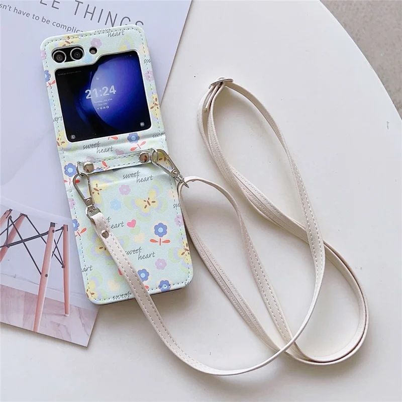 For Samsung Galaxy Z Flip5 5G Folding Phone Case Butterfly Pattern Leather+PC Cover with Crossbody Strap - Light Purple