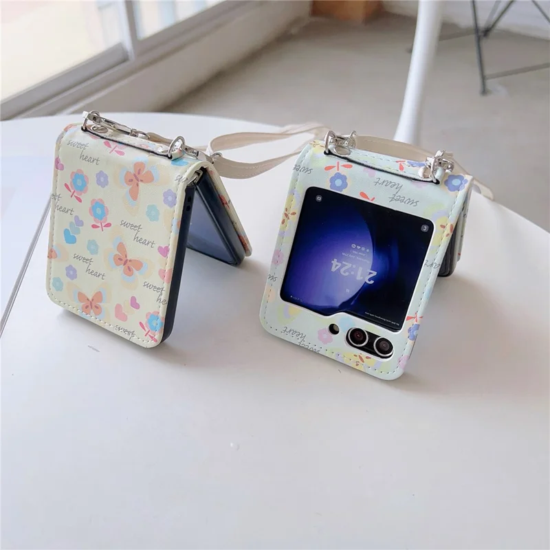 For Samsung Galaxy Z Flip5 5G Folding Phone Case Butterfly Pattern Leather+PC Cover with Crossbody Strap - Light Purple