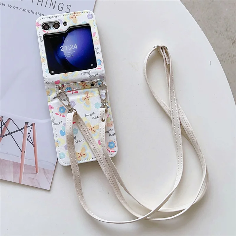 For Samsung Galaxy Z Flip5 5G Folding Phone Case Butterfly Pattern Leather+PC Cover with Crossbody Strap - White