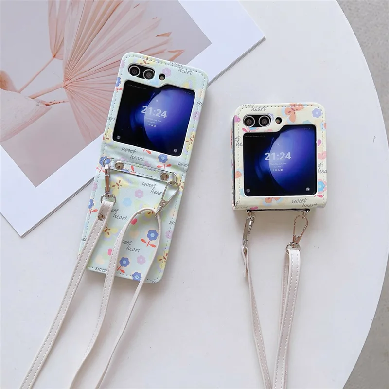 For Samsung Galaxy Z Flip5 5G Folding Phone Case Butterfly Pattern Leather+PC Cover with Crossbody Strap - White