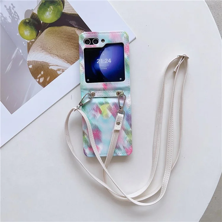 For Samsung Galaxy Z Flip5 5G Smudge Pattern Anti-Scratch Leather+PC Phone Cover with Crossbody Strap - Green