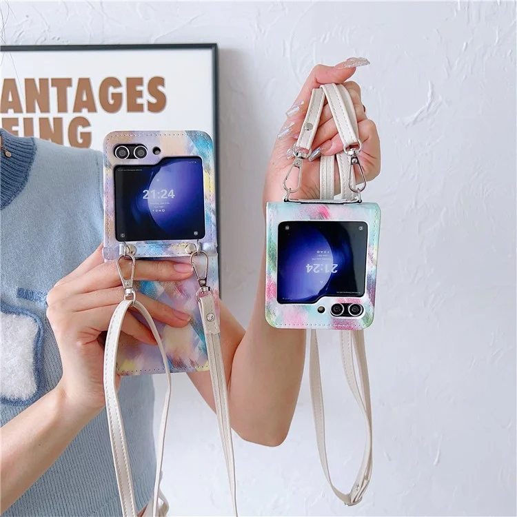 For Samsung Galaxy Z Flip5 5G Smudge Pattern Anti-Scratch Leather+PC Phone Cover with Crossbody Strap - Green