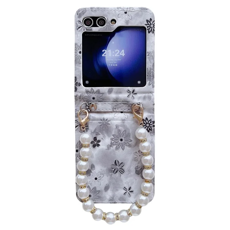 For Samsung Galaxy Z Flip5 5G Cell Phone Case Flower / Butterfly Pattern PU+PC Cover with Pearl Chain - Black Flower