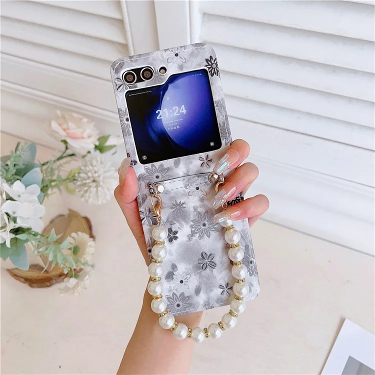 For Samsung Galaxy Z Flip5 5G Cell Phone Case Flower / Butterfly Pattern PU+PC Cover with Pearl Chain - Black Flower