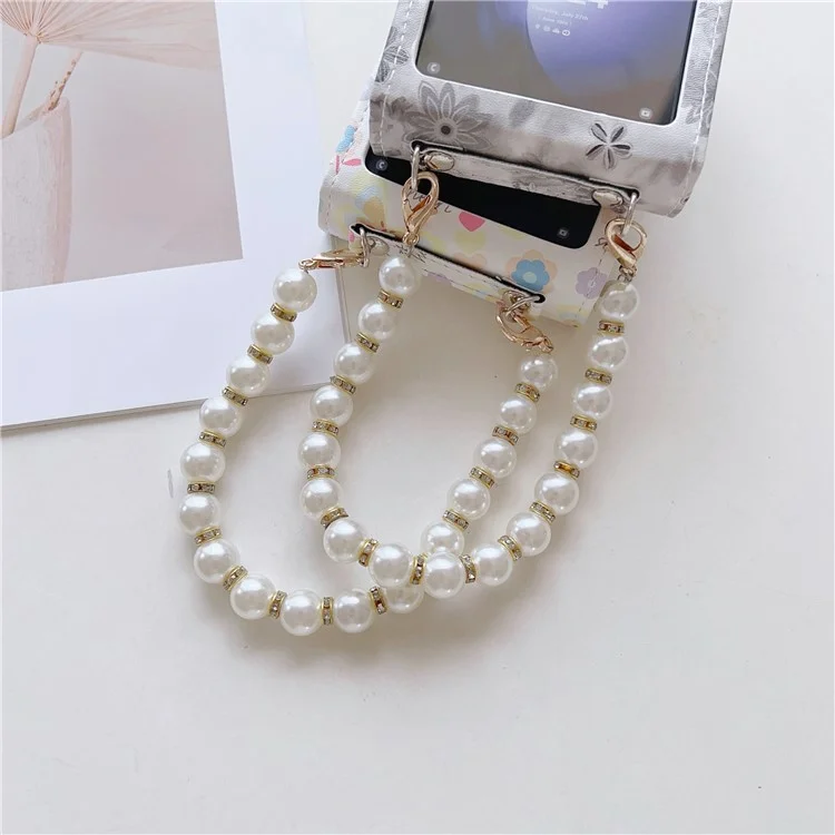 For Samsung Galaxy Z Flip5 5G Cell Phone Case Flower / Butterfly Pattern PU+PC Cover with Pearl Chain - Black Flower