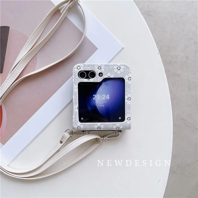 For Samsung Galaxy Z Flip5 5G Case Flower Pattern Leather+PC Folding Phone Cover with Crossbody Strap - Grey