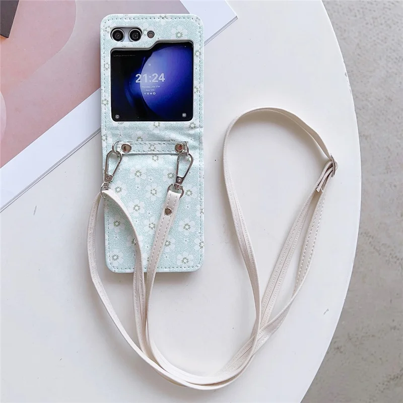 For Samsung Galaxy Z Flip5 5G Case Flower Pattern Leather+PC Folding Phone Cover with Crossbody Strap - Light Green