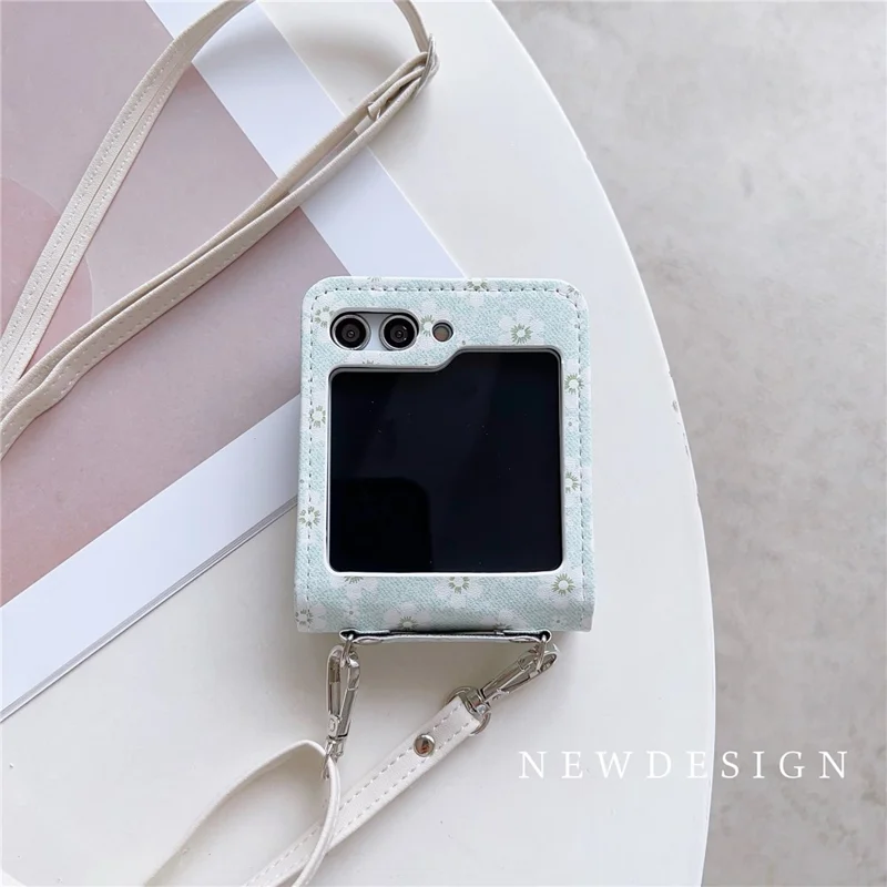 For Samsung Galaxy Z Flip5 5G Case Flower Pattern Leather+PC Folding Phone Cover with Crossbody Strap - Light Green