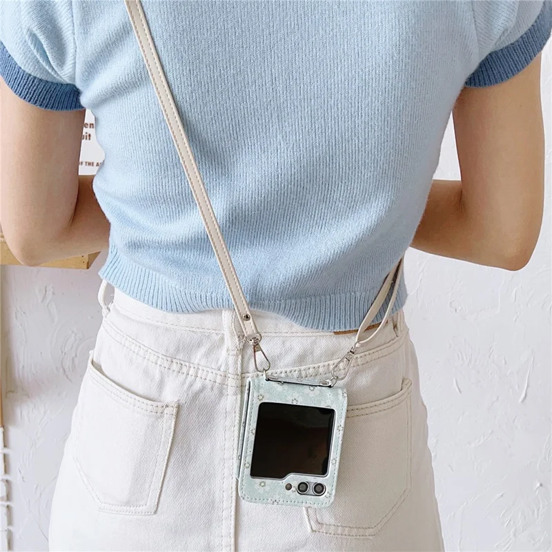 For Samsung Galaxy Z Flip5 5G Case Flower Pattern Leather+PC Folding Phone Cover with Crossbody Strap - Light Green