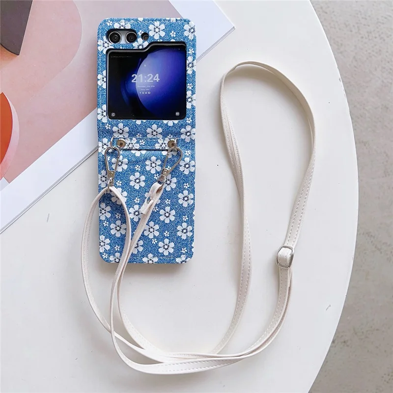 For Samsung Galaxy Z Flip5 5G Case Flower Pattern Leather+PC Folding Phone Cover with Crossbody Strap - Blue