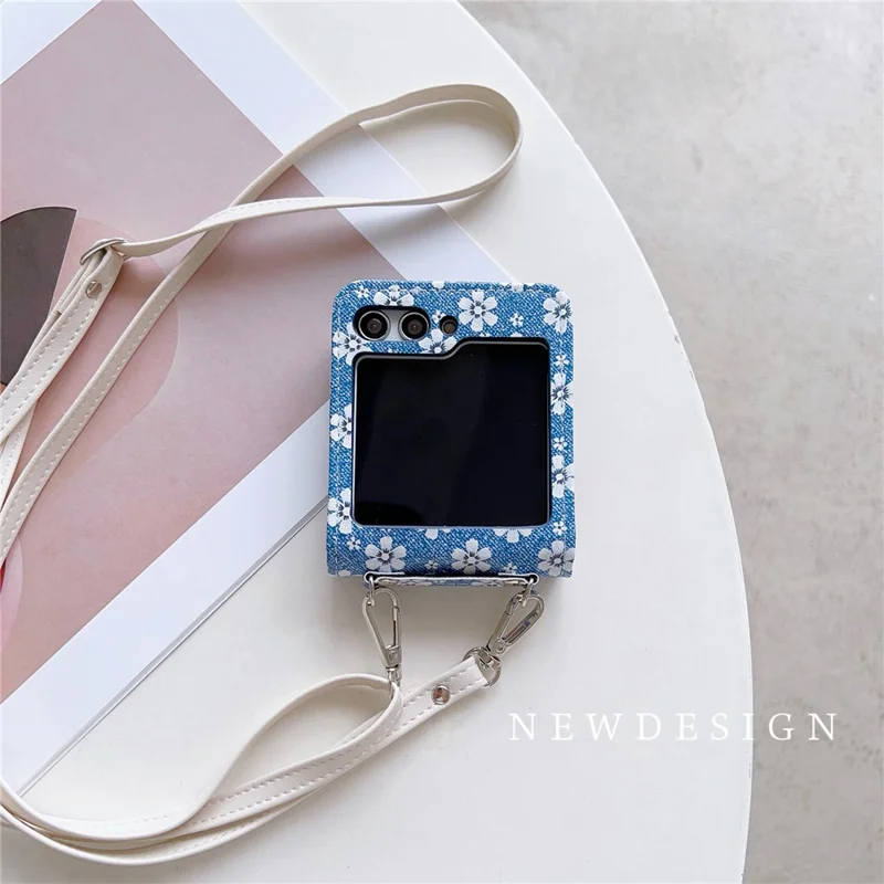 For Samsung Galaxy Z Flip5 5G Case Flower Pattern Leather+PC Folding Phone Cover with Crossbody Strap - Blue