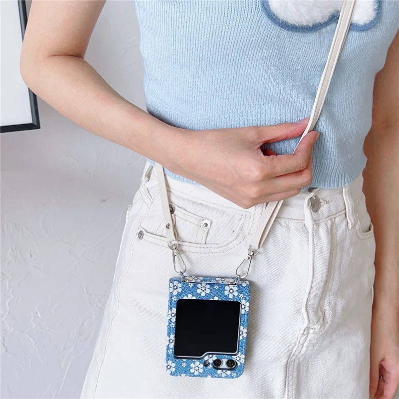 For Samsung Galaxy Z Flip5 5G Case Flower Pattern Leather+PC Folding Phone Cover with Crossbody Strap - Blue