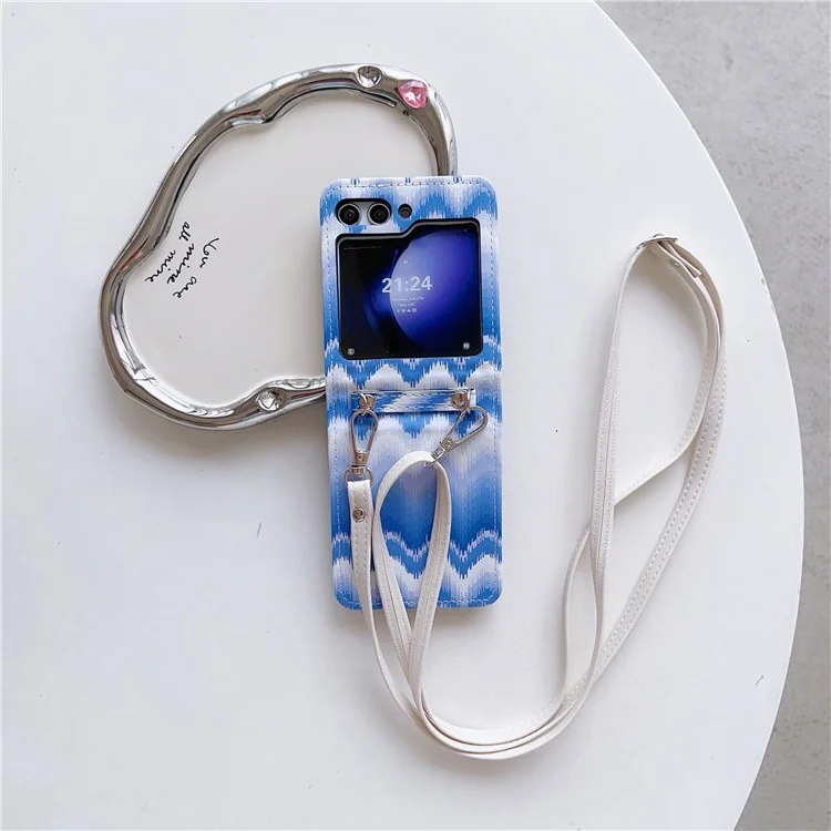 For Samsung Galaxy Z Flip5 5G Case Wavy Edge Design PU Leather+PC Cell Phone Back Cover with Long Strap - Blue / White