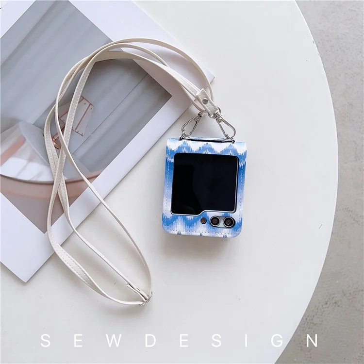 For Samsung Galaxy Z Flip5 5G Case Wavy Edge Design PU Leather+PC Cell Phone Back Cover with Long Strap - Blue / White