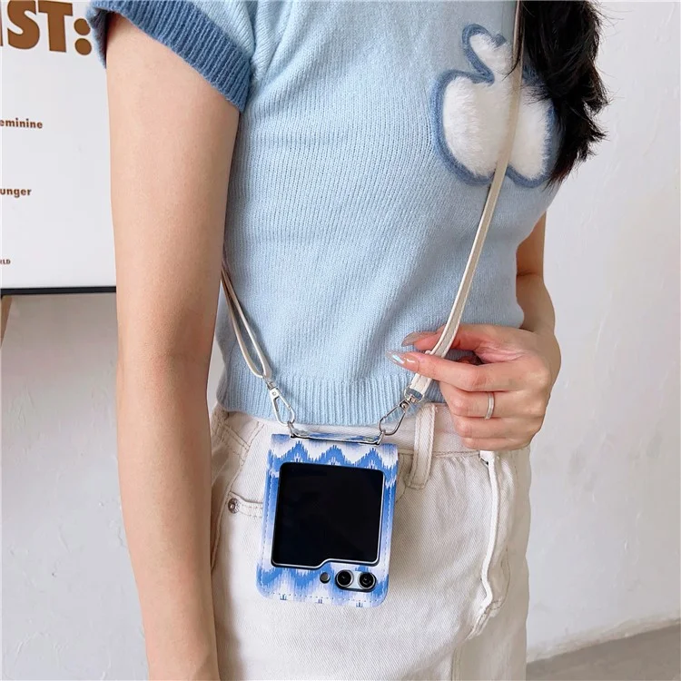For Samsung Galaxy Z Flip5 5G Case Wavy Edge Design PU Leather+PC Cell Phone Back Cover with Long Strap - Blue / White