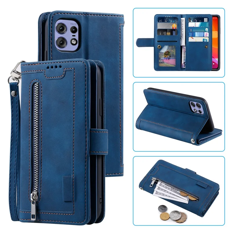 For Motorola Edge 50 Pro 5G Case 9 Card Slots Leather Wallet Phone Cover with Zipper Pocket - Blue