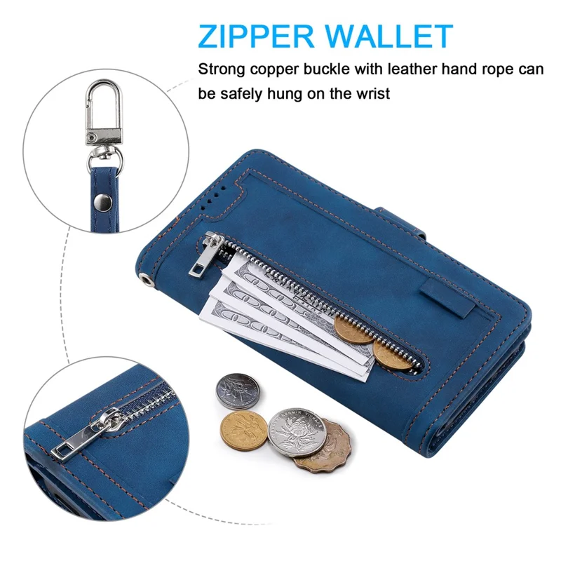 For Motorola Edge 50 Pro 5G Case 9 Card Slots Leather Wallet Phone Cover with Zipper Pocket - Blue