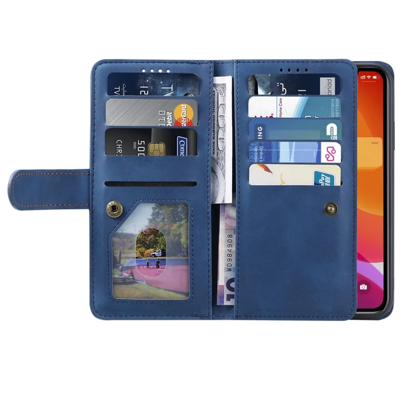 For Motorola Edge 50 Pro 5G Case 9 Card Slots Leather Wallet Phone Cover with Zipper Pocket - Blue