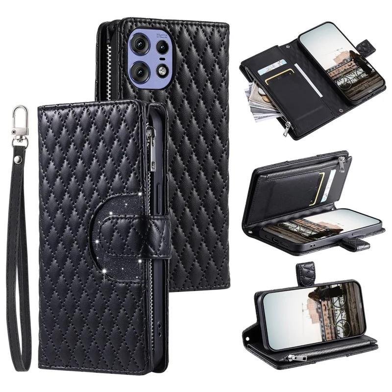Чехол Style 012 для Motorola Edge 50 Pro 5G с застежкой-молнией, карманом, искусственной кожей и блестками - черный