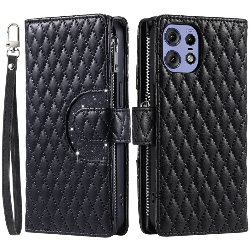 Чехол Style 012 для Motorola Edge 50 Pro 5G с застежкой-молнией, карманом, искусственной кожей и блестками - черный