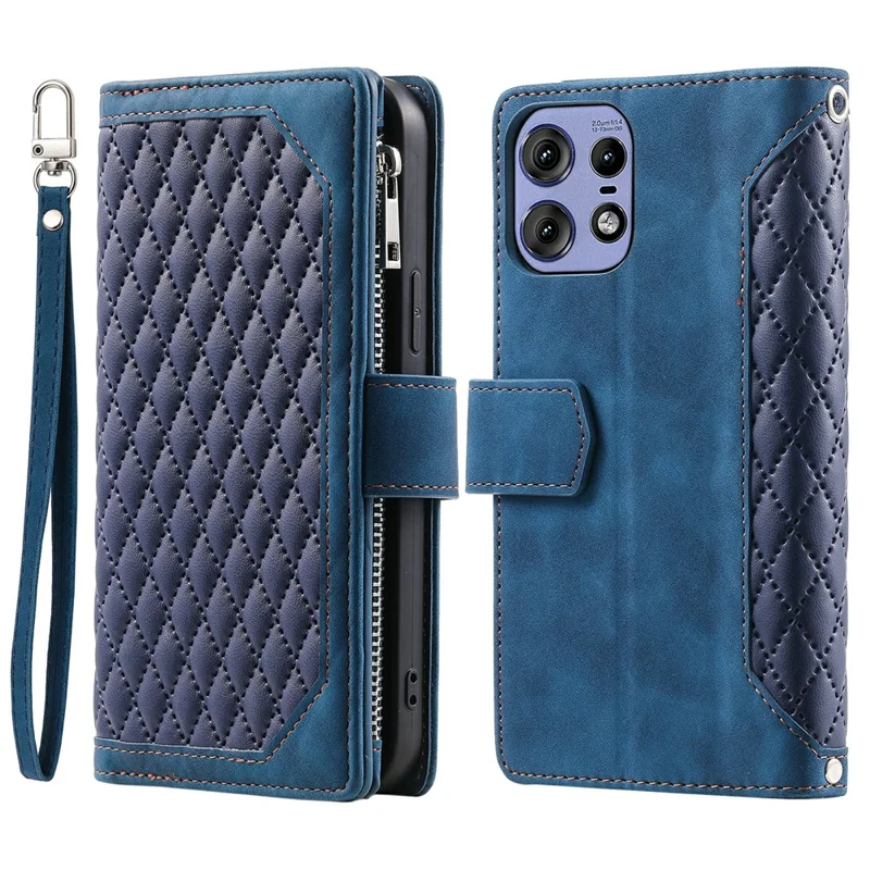 Чехол Style 005 для Motorola Edge 50 Pro 5G с карманом на молнии, кожаная решетка - синий