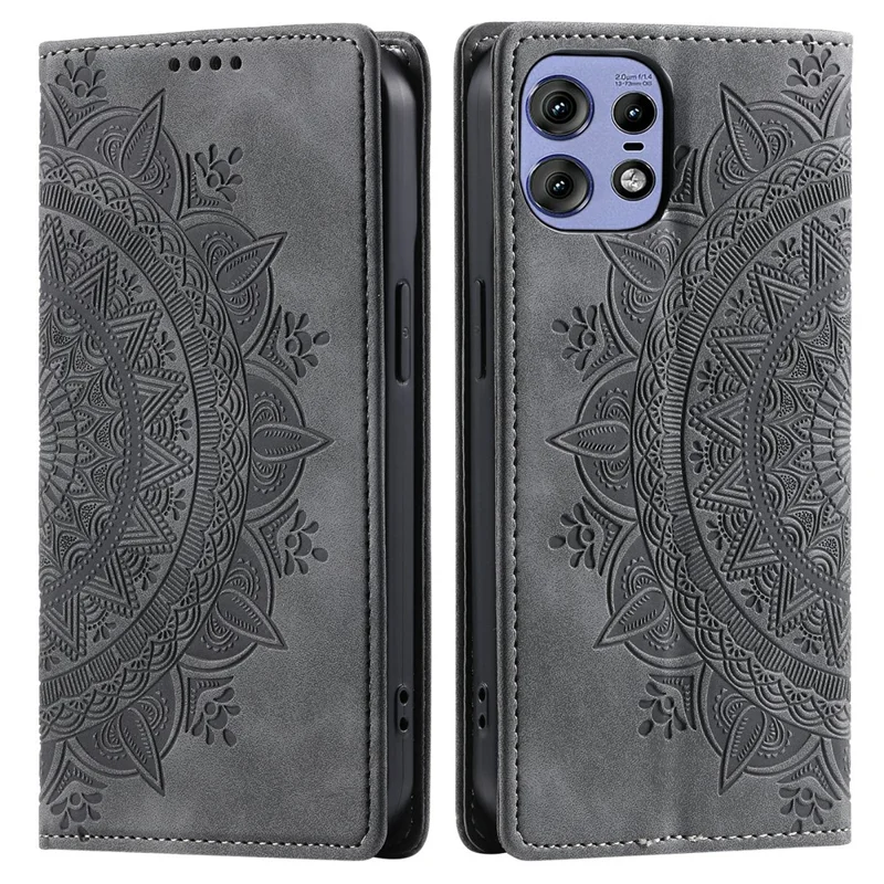 For Motorola Edge 50 Pro 5G Case Imprinted Mandala Leather Magnetic Closure Phone Cover - Grey
