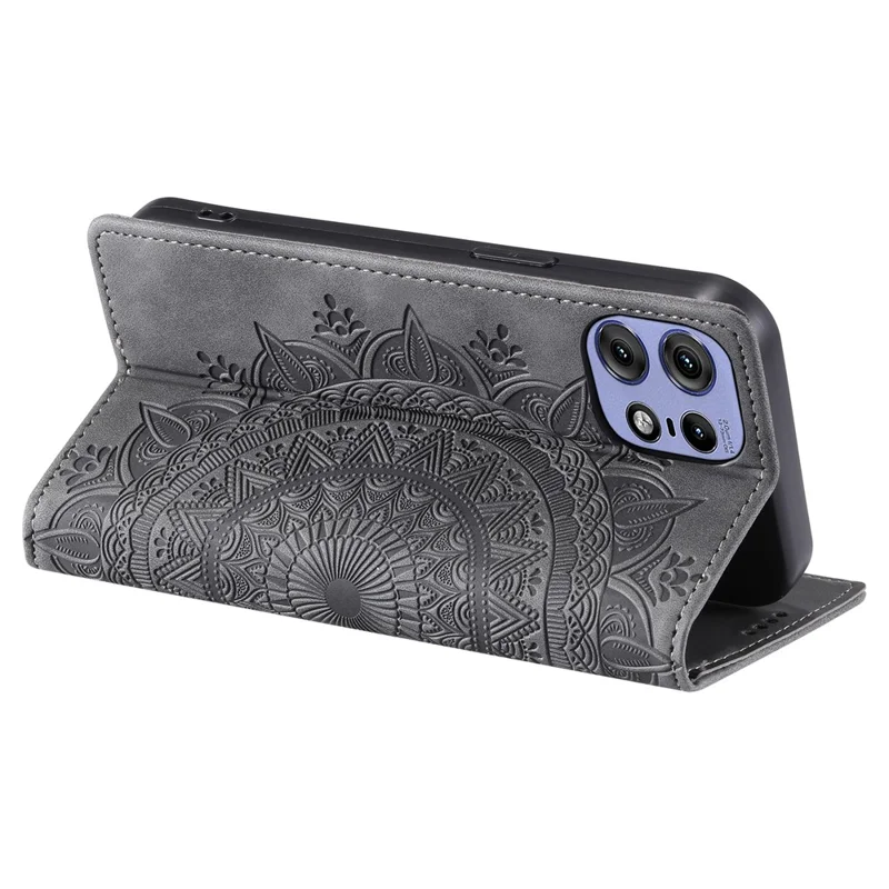 For Motorola Edge 50 Pro 5G Case Imprinted Mandala Leather Magnetic Closure Phone Cover - Grey