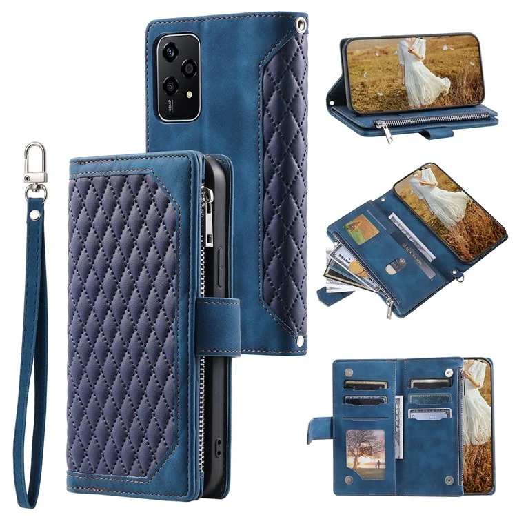Estilo 005 Para Honor 200 Lite Case Zipper Wallet Grid Leather Phone Cover - Azul