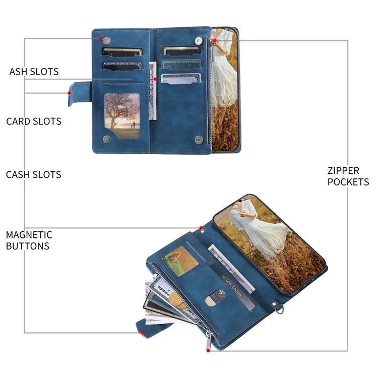 Estilo 005 Para Honor 200 Lite Case Zipper Wallet Grid Leather Phone Cover - Azul