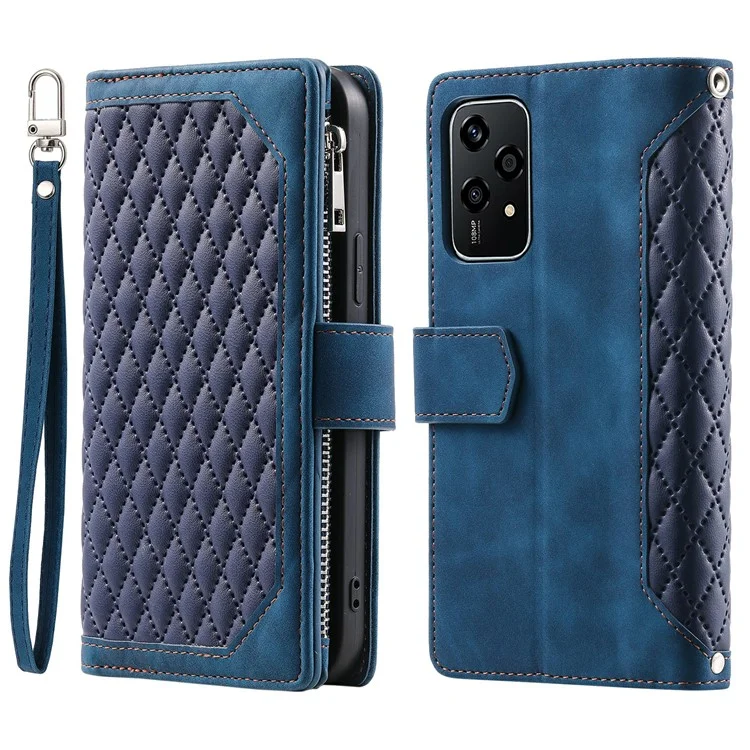 Estilo 005 Para Honor 200 Lite Case Zipper Wallet Grid Leather Phone Cover - Azul