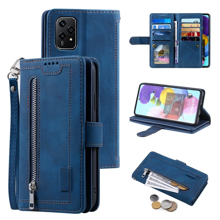 Para Honor 200 Lite Case Zipper Pocket Leather Wallet Phone Cover com 9 Card Slots - Azul