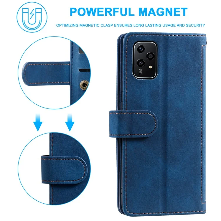 Para Honor 200 Lite Case Zipper Pocket Leather Wallet Phone Cover com 9 Card Slots - Azul