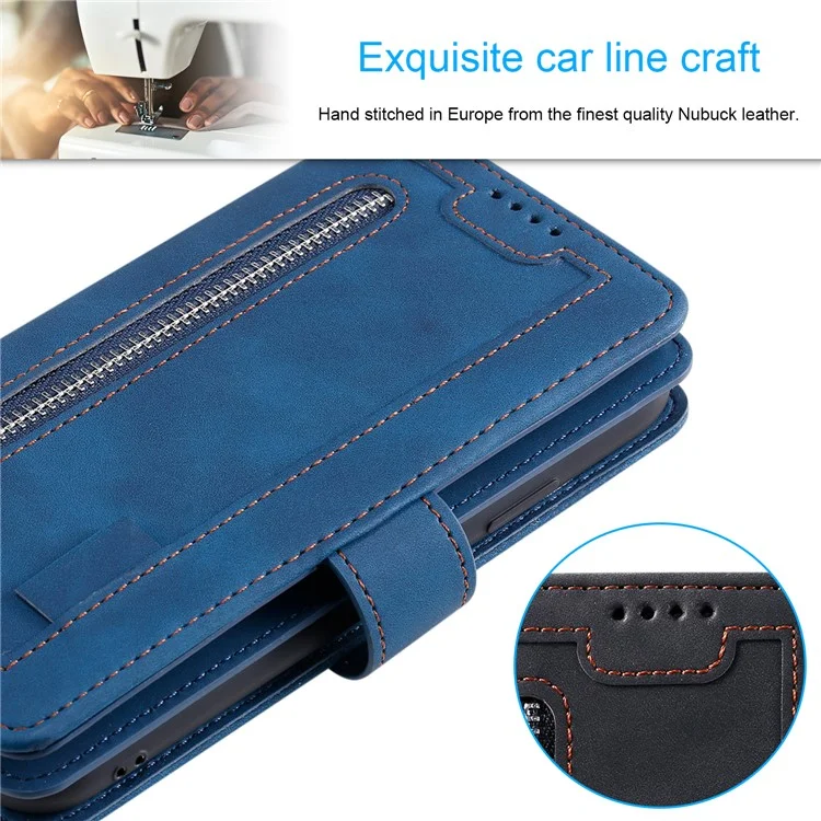 Para Honor 200 Lite Case Zipper Pocket Leather Wallet Phone Cover com 9 Card Slots - Azul