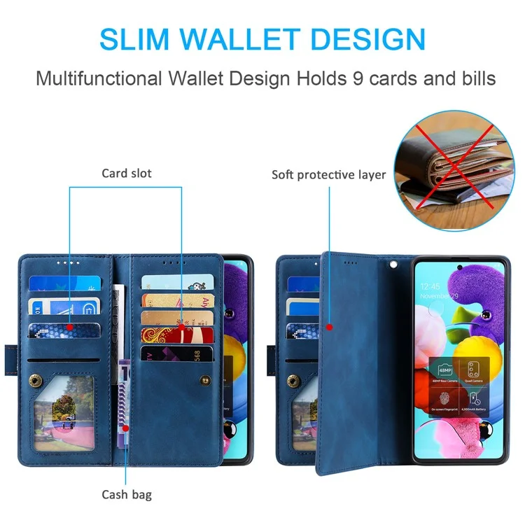 Para Honor 200 Lite Case Zipper Pocket Leather Wallet Phone Cover com 9 Card Slots - Azul