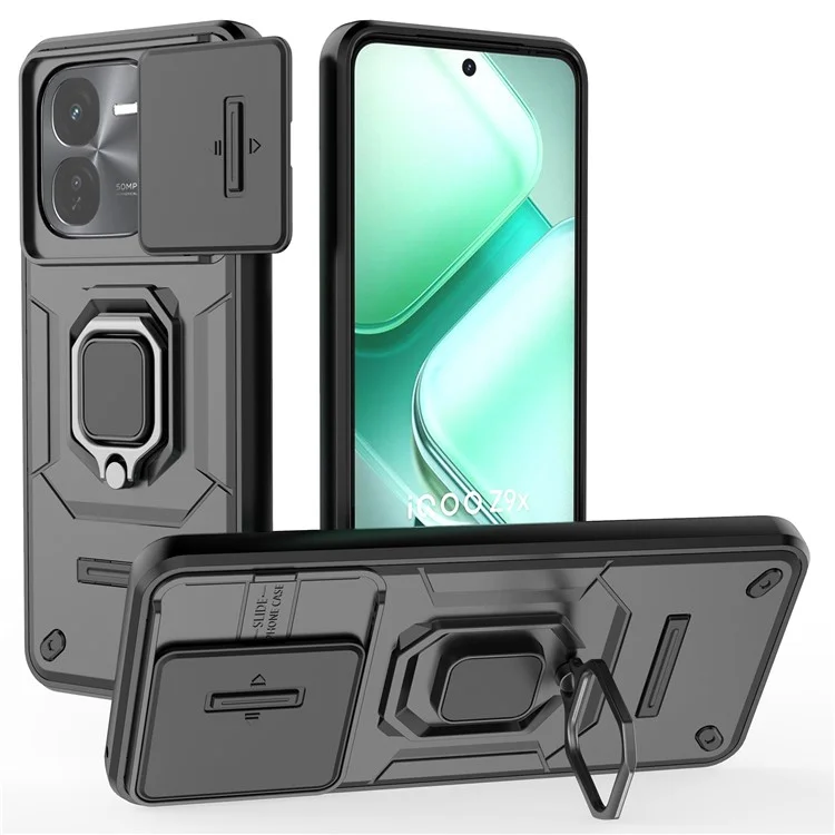 Für vivo iQOO Z9x 5G Telefon-Hüllen Großhandel PC+TPU Kickstand-Cover mit Objektiv-Deckel - Schwarz