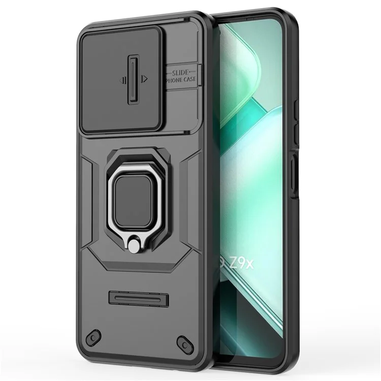 Für vivo iQOO Z9x 5G Telefon-Hüllen Großhandel PC+TPU Kickstand-Cover mit Objektiv-Deckel - Schwarz