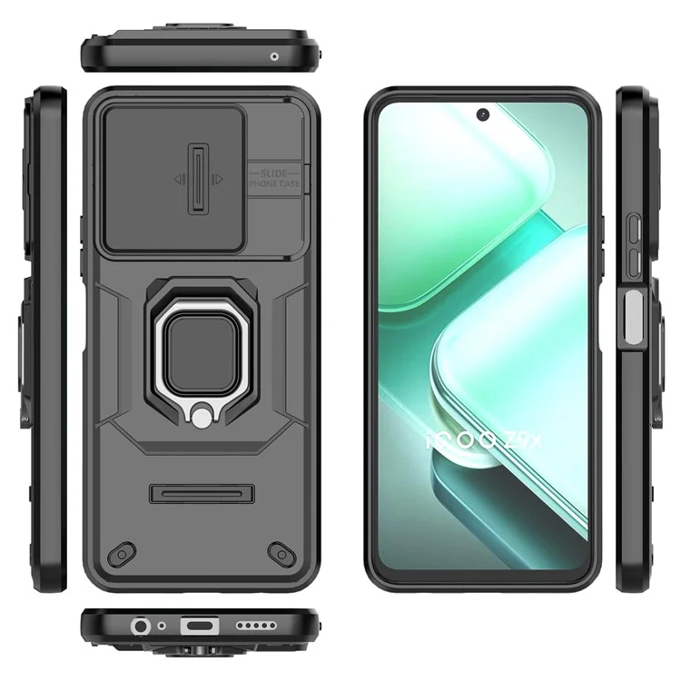Für vivo iQOO Z9x 5G Telefon-Hüllen Großhandel PC+TPU Kickstand-Cover mit Objektiv-Deckel - Schwarz