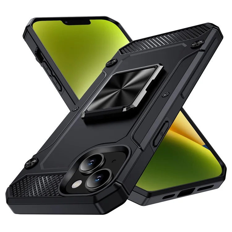 Acquisto all'ingrosso per iPhone 14 Case PC+TPU Rugged Protective Phone Cover with Ring Holder Kickstand - Nero