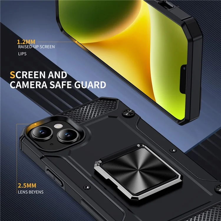 Acquisto all'ingrosso per iPhone 14 Case PC+TPU Rugged Protective Phone Cover with Ring Holder Kickstand - Nero