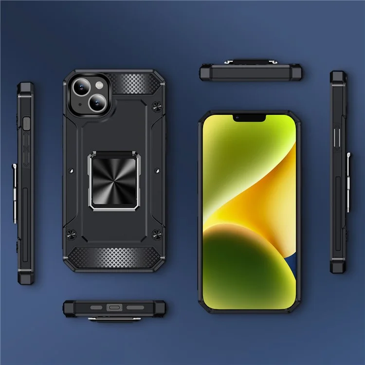 Acquisto all'ingrosso per iPhone 14 Case PC+TPU Rugged Protective Phone Cover with Ring Holder Kickstand - Nero